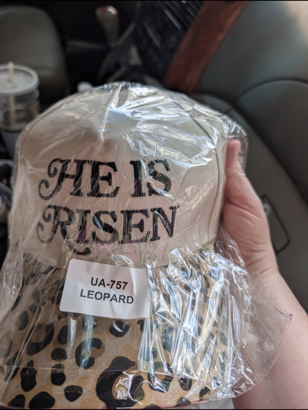 Zenana Outfitters "He Is Risen" Leopard Print Baseball Cap - Tan, Black